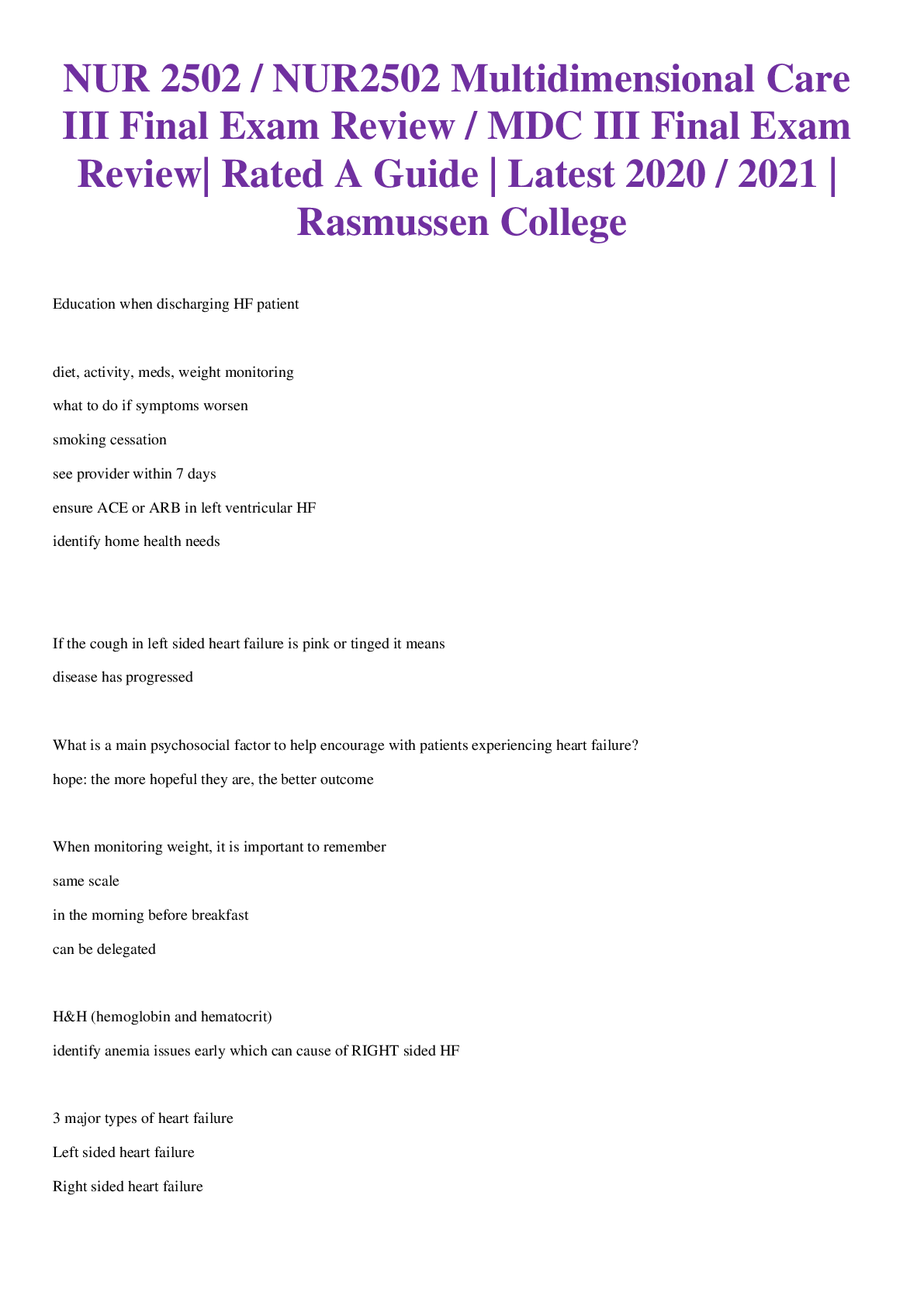 NUR 2502 / NUR2502 Multidimensional Care III Final Exam Review / MDC III Final Exam Review.| Rasmussen College